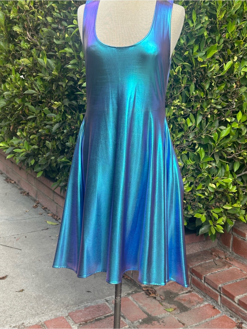 Iridescent oil slick Blue-Green Scoop Neck A-Line Dress